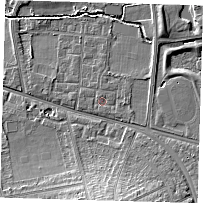 Shaded relief map of the ground around SE128UQ, computed from Environment Agency LiDAR. The ground here sits at about 21 m above sea level and falls 14 m across the surrounding 800 m. Surface water reaching this point runs off ground lying to the north-west, 0.8 m higher.