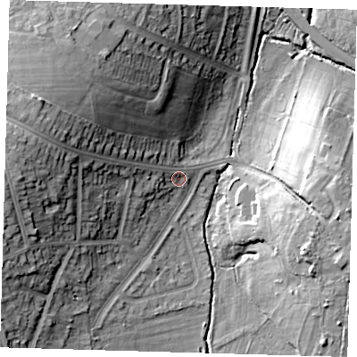 Shaded relief map of the ground around SE129EZ, computed from Environment Agency LiDAR. The ground here sits at about 32 m above sea level and falls 27 m across the surrounding 800 m. Surface water reaching this point runs off ground lying to the west-north-west, 19.3 m higher.