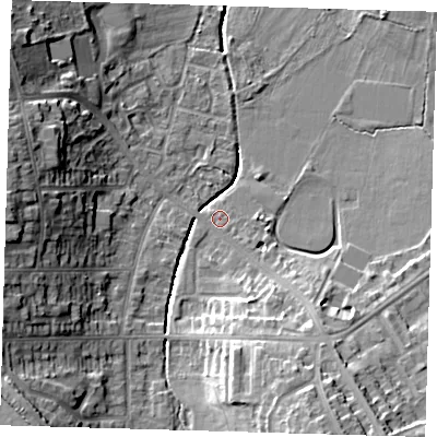 Shaded relief map of the ground around SE129PH, computed from Environment Agency LiDAR. The ground here sits at about 35 m above sea level and falls 20 m across the surrounding 800 m. Surface water reaching this point runs off ground lying to the south-south-east, 15.2 m higher.