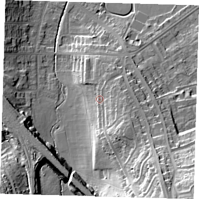 Shaded relief map of the ground around SE129RP, computed from Environment Agency LiDAR. The ground here sits at about 45 m above sea level and falls 38 m across the surrounding 800 m. Surface water reaching this point runs off ground lying to the south-east, 8.2 m higher.