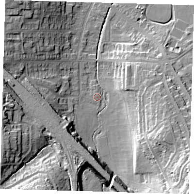 Shaded relief map of the ground around SE129TE, computed from Environment Agency LiDAR. The ground here sits at about 36 m above sea level and falls 29 m across the surrounding 800 m. Surface water reaching this point runs off ground lying to the south-east, 25.5 m higher.
