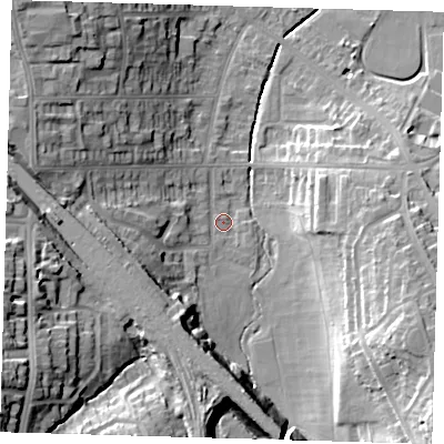 Shaded relief map of the ground around SE129TS, computed from Environment Agency LiDAR. The ground here sits at about 36 m above sea level and falls 29 m across the surrounding 800 m. Surface water reaching this point runs off ground lying to the south-east, 20.4 m higher.