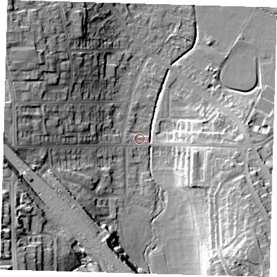 Shaded relief map of the ground around SE129TT, computed from Environment Agency LiDAR. The ground here sits at about 35 m above sea level and falls 27 m across the surrounding 800 m. Surface water reaching this point runs off ground lying to the south-east, 19.9 m higher.