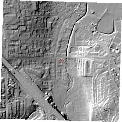 Shaded relief map of the ground around SE129TU, computed from Environment Agency LiDAR. The ground here sits at about 35 m above sea level and falls 28 m across the surrounding 800 m. Surface water reaching this point runs off ground lying to the south-east, 19.9 m higher.