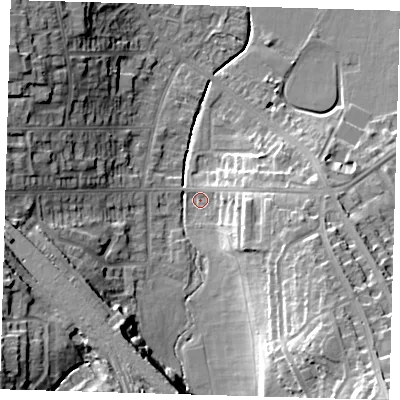 Shaded relief map of the ground around SE129TX, computed from Environment Agency LiDAR. The ground here sits at about 36 m above sea level and falls 28 m across the surrounding 800 m. Surface water reaching this point runs off ground lying to the south-east, 18.7 m higher.