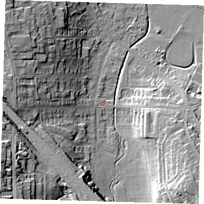 Shaded relief map of the ground around SE129UB, computed from Environment Agency LiDAR. The ground here sits at about 36 m above sea level and falls 28 m across the surrounding 800 m. Surface water reaching this point runs off ground lying to the south-east, 19.9 m higher.