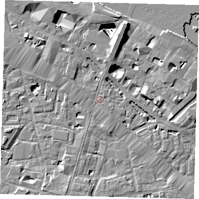 Shaded relief map of the ground around SE12AD, computed from Environment Agency LiDAR. The ground here sits at about 4 m above sea level and falls 29 m across the surrounding 800 m. Surface water reaching this point runs off ground lying to the north-north-east, 6.7 m higher.