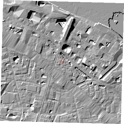 Shaded relief map of the ground around SE12AE, computed from Environment Agency LiDAR. The ground here sits at about 4 m above sea level and falls 29 m across the surrounding 800 m. Surface water reaching this point runs off ground lying to the north-east, 0.8 m higher.