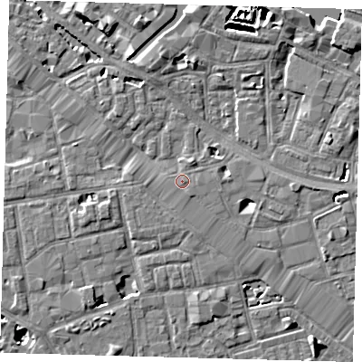 Shaded relief map of the ground around SE12AN, computed from Environment Agency LiDAR. The ground here sits at about 4 m above sea level and falls 7 m across the surrounding 800 m. Surface water reaching this point runs off ground lying to the north-north-east, 1.3 m higher.