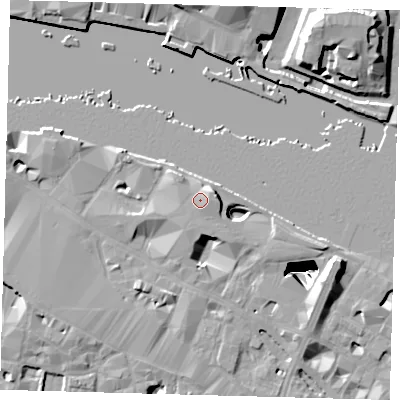 Shaded relief map of the ground around SE12AP, computed from Environment Agency LiDAR. The ground here sits at about 7 m above sea level and falls 31 m across the surrounding 800 m. Surface water reaching this point runs off ground lying to the east, 1.4 m higher.