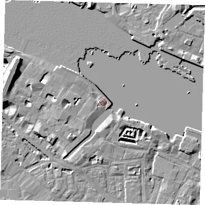 Shaded relief map of the ground around SE12AS, computed from Environment Agency LiDAR. The ground here sits at about 5 m above sea level and falls 29 m across the surrounding 800 m. Surface water reaching this point runs off ground lying to the south-west, 4.3 m higher.