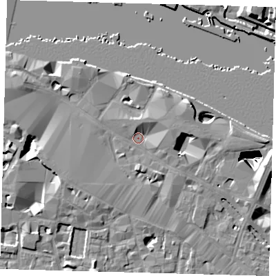 Shaded relief map of the ground around SE12AT, computed from Environment Agency LiDAR. The ground here sits at about 4 m above sea level and falls 29 m across the surrounding 800 m. Surface water reaching this point runs off ground lying to the east-north-east, 4.0 m higher.