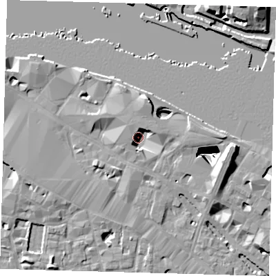Shaded relief map of the ground around SE12AU, computed from Environment Agency LiDAR. The ground here sits at about 4 m above sea level and falls 30 m across the surrounding 800 m. Surface water reaching this point runs off ground lying to the north-north-east, 4.4 m higher.