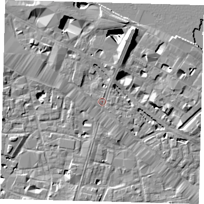 Shaded relief map of the ground around SE12AW, computed from Environment Agency LiDAR. The ground here sits at about 4 m above sea level and falls 29 m across the surrounding 800 m. Surface water reaching this point runs off ground lying to the north-north-east, 6.7 m higher.