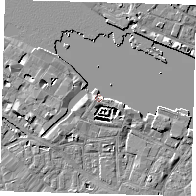 Shaded relief map of the ground around SE12AX, computed from Environment Agency LiDAR. The ground here sits at about 3 m above sea level and falls 7 m across the surrounding 800 m. Surface water reaching this point runs off ground lying to the east-south-east, 5.3 m higher.