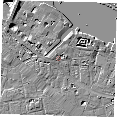 Shaded relief map of the ground around SE12AZ, computed from Environment Agency LiDAR. The ground here sits at about 4 m above sea level and falls 29 m across the surrounding 800 m. Surface water reaching this point runs off ground lying to the north-west, 2.7 m higher.