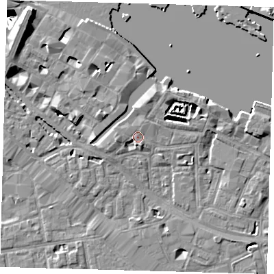 Shaded relief map of the ground around SE12BA, computed from Environment Agency LiDAR. The ground here sits at about 4 m above sea level and falls 29 m across the surrounding 800 m. Surface water reaching this point runs off ground lying to the south-south-east, 1.4 m higher.