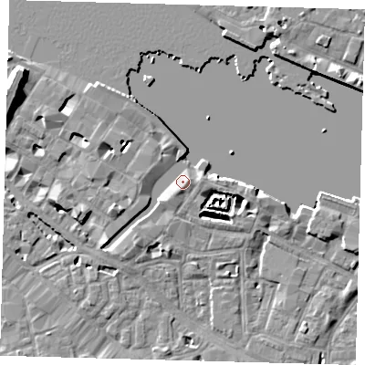 Shaded relief map of the ground around SE12BB, computed from Environment Agency LiDAR. The ground here sits at about 4 m above sea level and falls 10 m across the surrounding 800 m. Surface water reaching this point runs off ground lying to the south-south-west, 2.0 m higher.