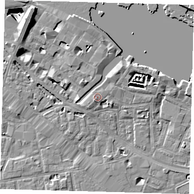 Shaded relief map of the ground around SE12BD, computed from Environment Agency LiDAR. The ground here sits at about 4 m above sea level and falls 29 m across the surrounding 800 m. Surface water reaching this point runs off ground lying to the south-west, 1.3 m higher.