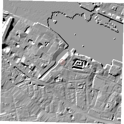 Shaded relief map of the ground around SE12BE, computed from Environment Agency LiDAR. The ground here sits at about 5 m above sea level and falls 29 m across the surrounding 800 m. Surface water reaching this point runs off ground lying to the north-east, 2.0 m higher.