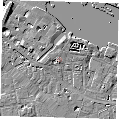 Shaded relief map of the ground around SE12BF, computed from Environment Agency LiDAR. The ground here sits at about 4 m above sea level and falls 29 m across the surrounding 800 m. Surface water reaching this point runs off ground lying to the south, 1.6 m higher.