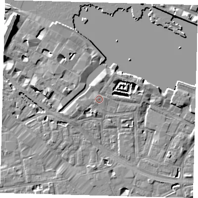 Shaded relief map of the ground around SE12BG, computed from Environment Agency LiDAR. The ground here sits at about 4 m above sea level and falls 20 m across the surrounding 800 m. Surface water reaching this point runs off ground lying to the north, 1.4 m higher.