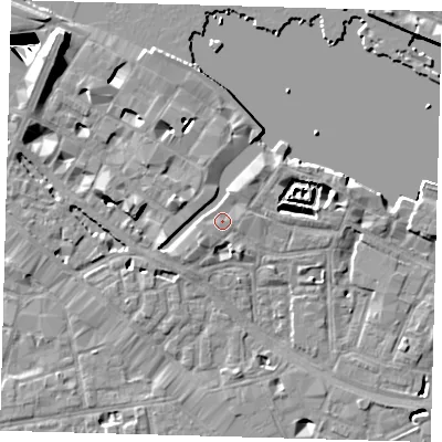 Shaded relief map of the ground around SE12BH, computed from Environment Agency LiDAR. The ground here sits at about 4 m above sea level and falls 29 m across the surrounding 800 m. Surface water reaching this point runs off ground lying to the north-north-east, 1.3 m higher.