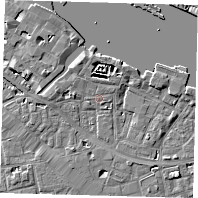 Shaded relief map of the ground around SE12BL, computed from Environment Agency LiDAR. The ground here sits at about 3 m above sea level and falls 7 m across the surrounding 800 m. Surface water reaching this point runs off ground lying to the north-north-east, 4.2 m higher.