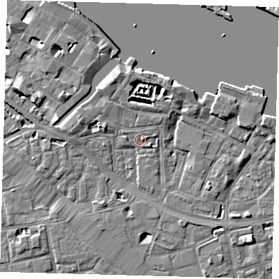 Shaded relief map of the ground around SE12BN, computed from Environment Agency LiDAR. The ground here sits at about 3 m above sea level and falls 7 m across the surrounding 800 m. Surface water reaching this point runs off ground lying to the north-north-east, 4.2 m higher.