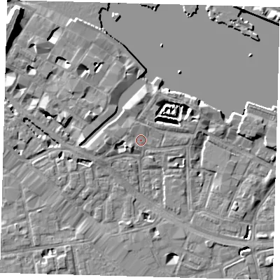 Shaded relief map of the ground around SE12BP, computed from Environment Agency LiDAR. The ground here sits at about 4 m above sea level and falls 10 m across the surrounding 800 m. Surface water reaching this point runs off ground lying to the south-west, 1.6 m higher.