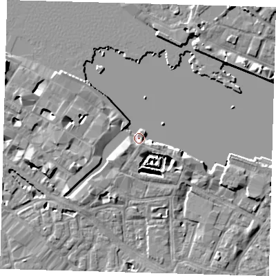 Shaded relief map of the ground around SE12BQ, computed from Environment Agency LiDAR. The ground here sits at about 3 m above sea level and falls 10 m across the surrounding 800 m. Surface water reaching this point runs off ground lying to the east-south-east, 5.2 m higher.