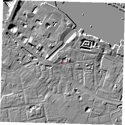 Shaded relief map of the ground around SE12BS, computed from Environment Agency LiDAR. The ground here sits at about 4 m above sea level and falls 29 m across the surrounding 800 m. Surface water reaching this point runs off ground lying to the west-south-west, 2.5 m higher.