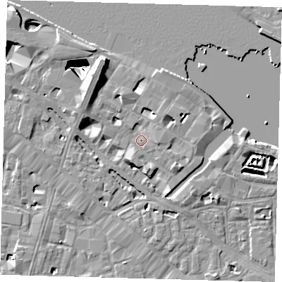 Shaded relief map of the ground around SE12BT, computed from Environment Agency LiDAR. The ground here sits at about 4 m above sea level and falls 29 m across the surrounding 800 m. Surface water reaching this point runs off ground lying to the north-west, 6.7 m higher.
