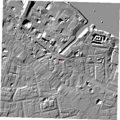Shaded relief map of the ground around SE12BU, computed from Environment Agency LiDAR. The ground here sits at about 3 m above sea level and falls 12 m across the surrounding 800 m. Surface water reaching this point runs off ground lying to the north-east, 2.3 m higher.