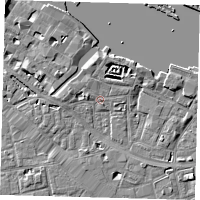Shaded relief map of the ground around SE12BW, computed from Environment Agency LiDAR. The ground here sits at about 3 m above sea level and falls 10 m across the surrounding 800 m. Surface water reaching this point runs off ground lying to the north-east, 4.2 m higher.