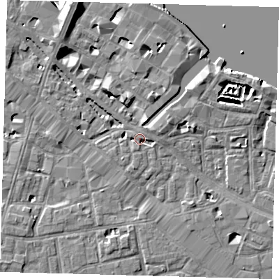 Shaded relief map of the ground around SE12BX, computed from Environment Agency LiDAR. The ground here sits at about 4 m above sea level and falls 15 m across the surrounding 800 m. Surface water reaching this point runs off ground lying to the south, 1.5 m higher.