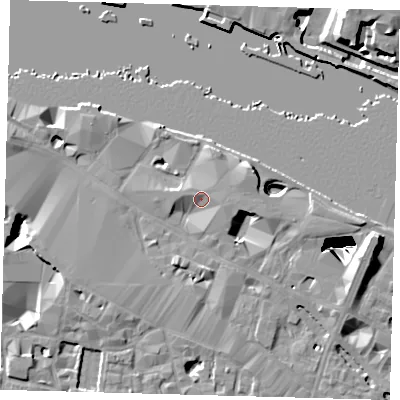 Shaded relief map of the ground around SE12BY, computed from Environment Agency LiDAR. The ground here sits at about 5 m above sea level and falls 31 m across the surrounding 800 m. Surface water reaching this point runs off ground lying to the east-south-east, 4.0 m higher.