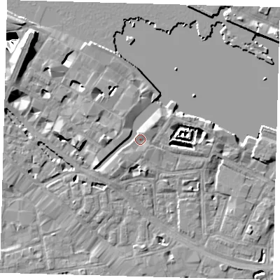 Shaded relief map of the ground around SE12BZ, computed from Environment Agency LiDAR. The ground here sits at about 4 m above sea level and falls 29 m across the surrounding 800 m. Surface water reaching this point runs off ground lying to the north-east, 2.0 m higher.