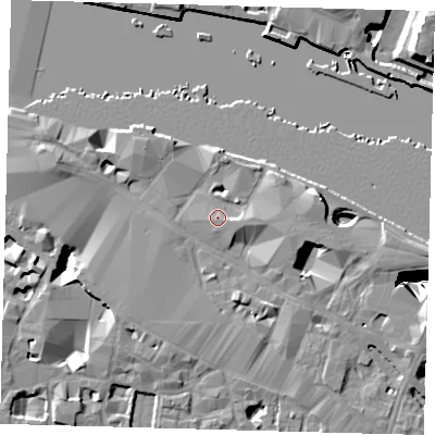 Shaded relief map of the ground around SE12DA, computed from Environment Agency LiDAR. The ground here sits at about 5 m above sea level and falls 31 m across the surrounding 800 m. Surface water reaching this point runs off ground lying to the east-north-east, 2.5 m higher.