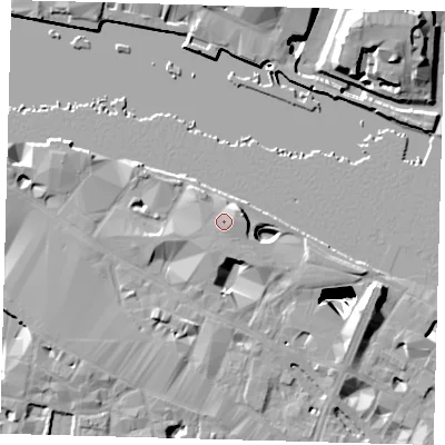 Shaded relief map of the ground around SE12DB, computed from Environment Agency LiDAR. The ground here sits at about 7 m above sea level and falls 31 m across the surrounding 800 m. Surface water reaching this point runs off ground lying to the east, 1.3 m higher.