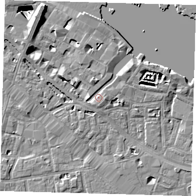 Shaded relief map of the ground around SE12DE, computed from Environment Agency LiDAR. The ground here sits at about 4 m above sea level and falls 29 m across the surrounding 800 m. Surface water reaching this point runs off ground lying to the west, 2.3 m higher.