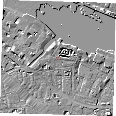 Shaded relief map of the ground around SE12DG, computed from Environment Agency LiDAR. The ground here sits at about 4 m above sea level and falls 10 m across the surrounding 800 m. Surface water reaching this point runs off ground lying to the east-north-east, 4.2 m higher.