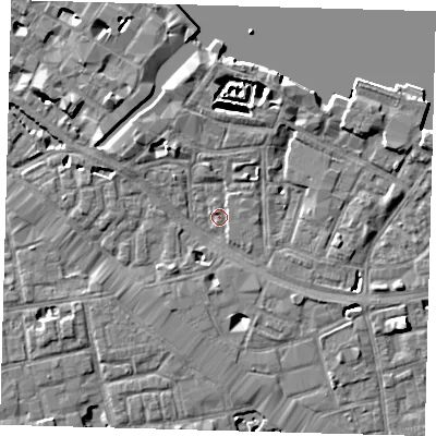 Shaded relief map of the ground around SE12DH, computed from Environment Agency LiDAR. The ground here sits at about 3 m above sea level and falls 7 m across the surrounding 800 m. Surface water reaching this point runs off ground lying to the south-west, 2.4 m higher.