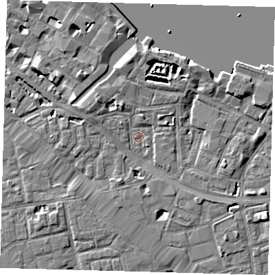 Shaded relief map of the ground around SE12DJ, computed from Environment Agency LiDAR. The ground here sits at about 3 m above sea level and falls 7 m across the surrounding 800 m. Surface water reaching this point runs off ground lying to the south-south-west, 2.4 m higher.