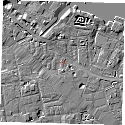 Shaded relief map of the ground around SE12DL, computed from Environment Agency LiDAR. The ground here sits at about 3 m above sea level and falls 7 m across the surrounding 800 m. Surface water reaching this point runs off ground lying to the south, 2.4 m higher.