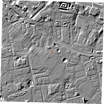 Shaded relief map of the ground around SE12DP, computed from Environment Agency LiDAR. The ground here sits at about 3 m above sea level and falls 7 m across the surrounding 800 m. The ground contributing surface water to this point lies to the east.