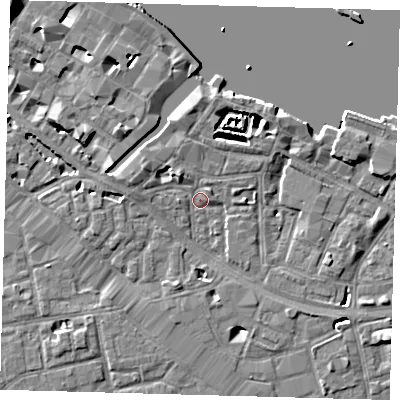 Shaded relief map of the ground around SE12DQ, computed from Environment Agency LiDAR. The ground here sits at about 3 m above sea level and falls 9 m across the surrounding 800 m. Surface water reaching this point runs off ground lying to the north-east, 4.2 m higher.