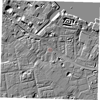 Shaded relief map of the ground around SE12DR, computed from Environment Agency LiDAR. The ground here sits at about 3 m above sea level and falls 7 m across the surrounding 800 m. Surface water reaching this point runs off ground lying to the south-south-east, 2.4 m higher.