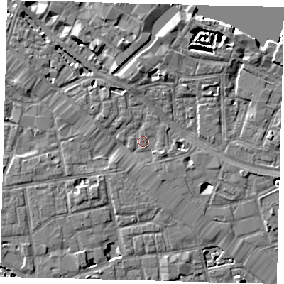 Shaded relief map of the ground around SE12DU, computed from Environment Agency LiDAR. The ground here sits at about 3 m above sea level and falls 6 m across the surrounding 800 m. Surface water reaching this point runs off ground lying to the east-south-east, 1.7 m higher.