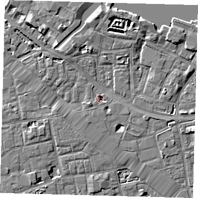 Shaded relief map of the ground around SE12DW, computed from Environment Agency LiDAR. The ground here sits at about 3 m above sea level and falls 7 m across the surrounding 800 m. Surface water reaching this point runs off ground lying to the south-east, 2.1 m higher.